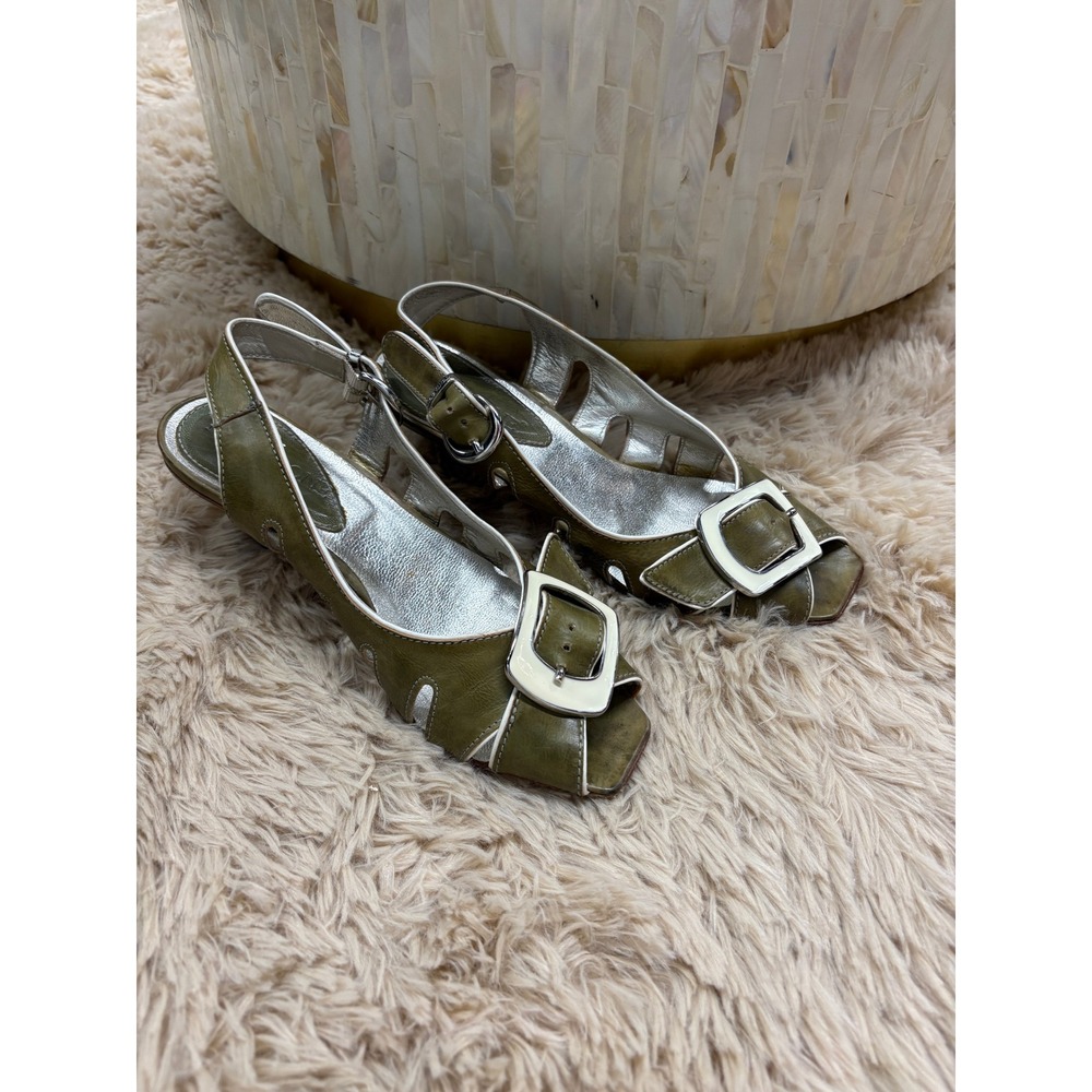 Via Spiga Olive Green Leather Slingback Heels Square Toe Buckle Sandals Size 6